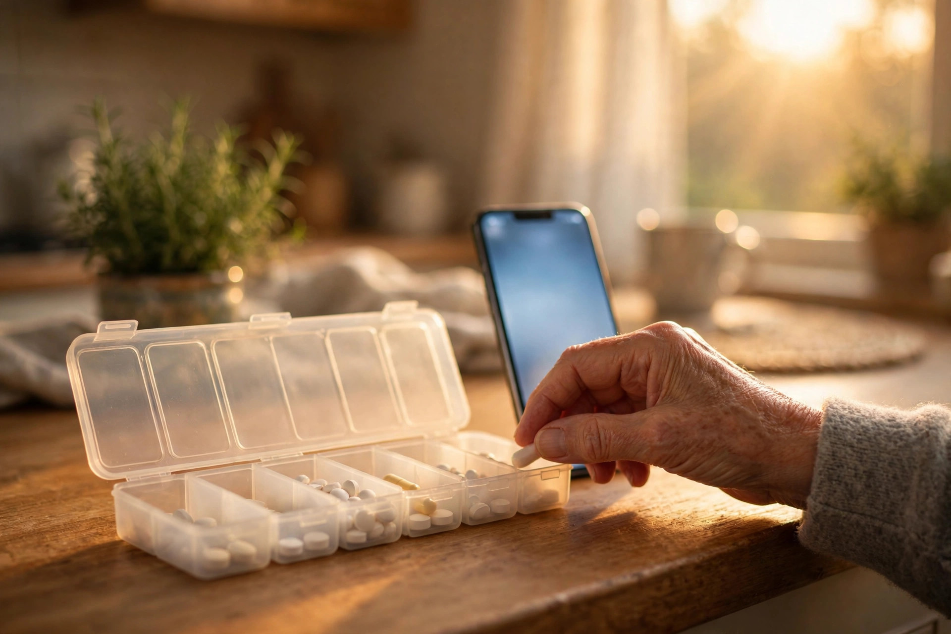 A warm kitchen at dawn with a weekly pill organizer on the counter, a smartphone glowing with a medication reminder, and morning light through a window