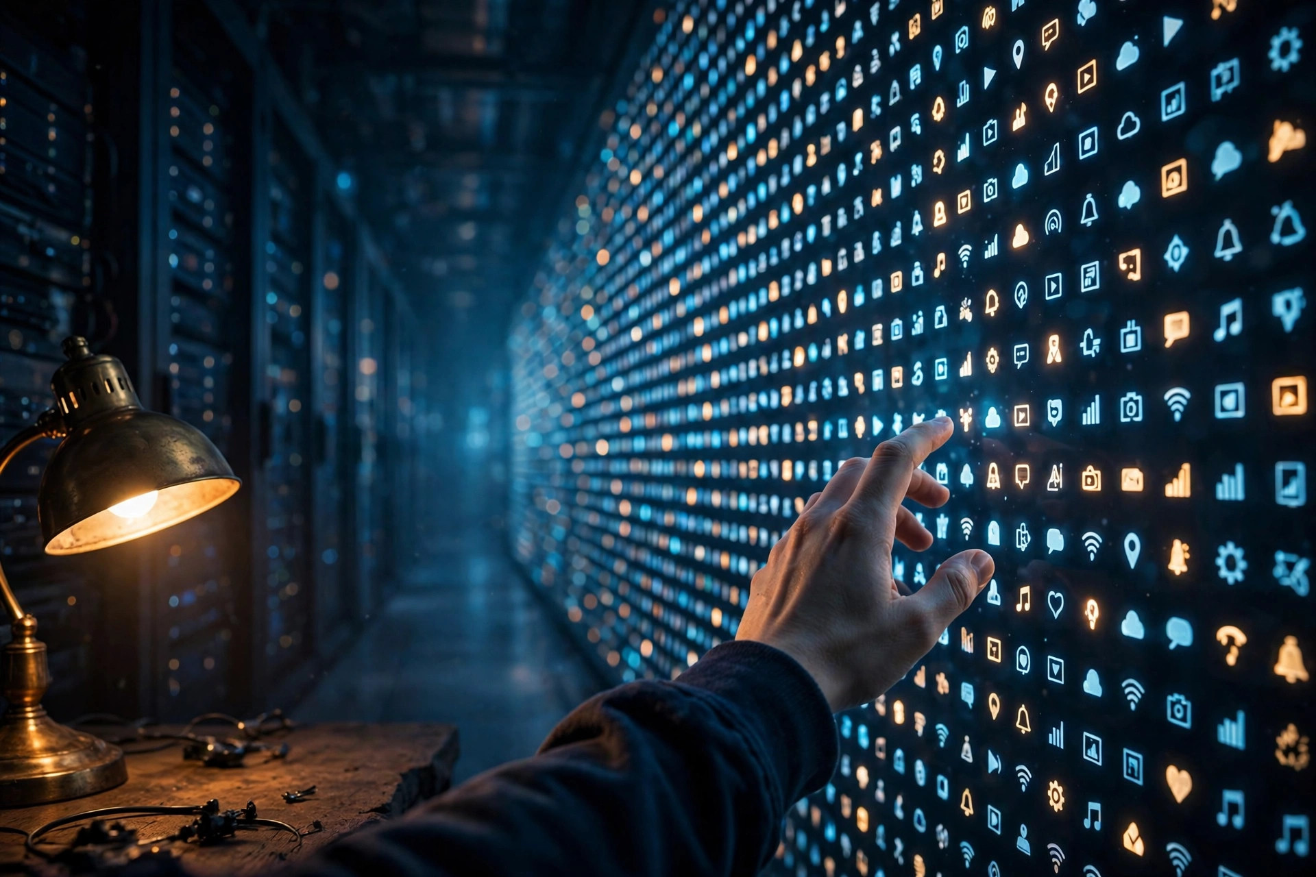 A wall of glowing app icons receding into the distance like a server room, with one warm desk lamp in the foreground and a hand reaching toward the wall, shallow depth of field