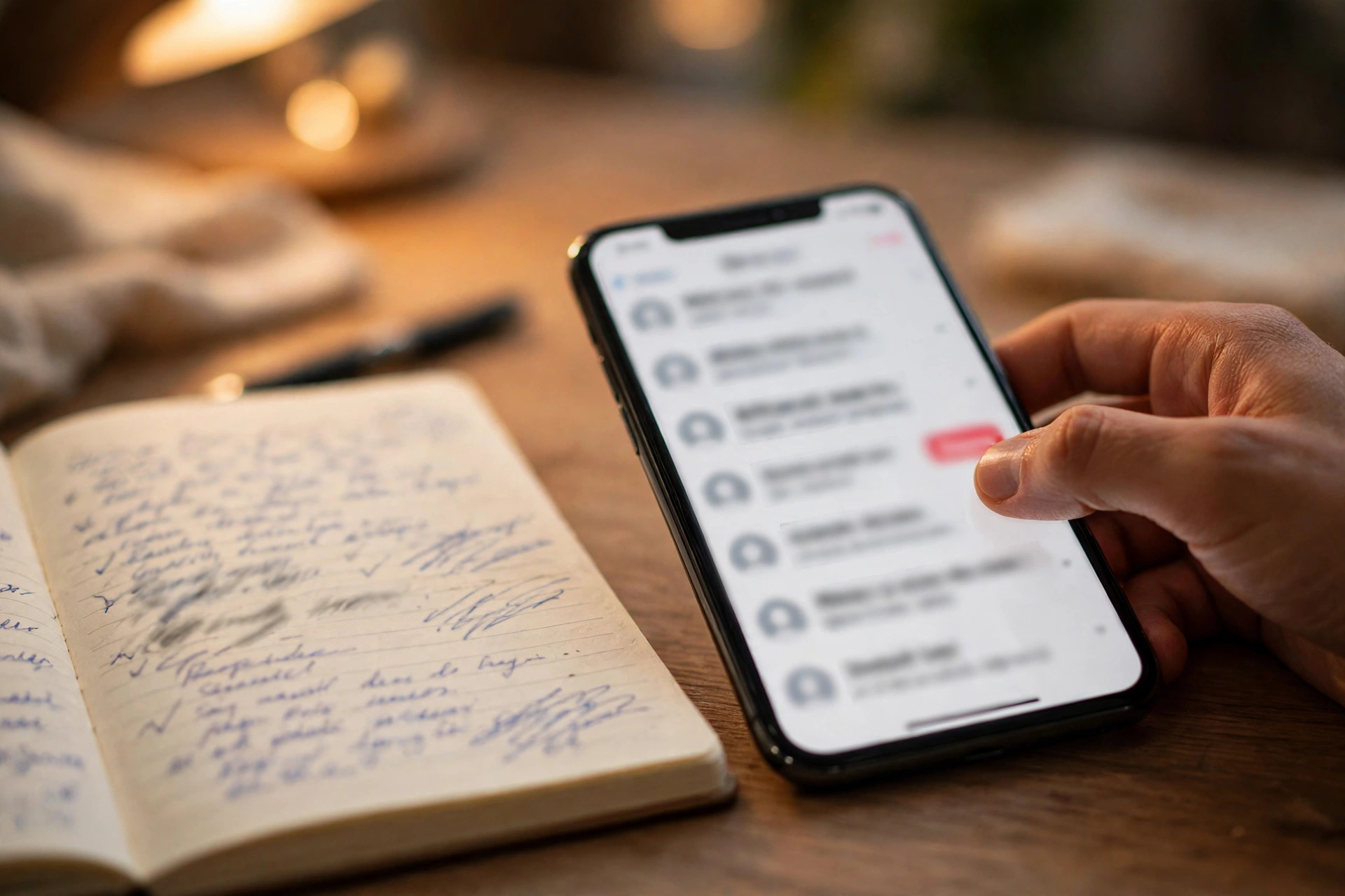 A hand deleting a message thread on a phone while a notebook beside it keeps the same notes