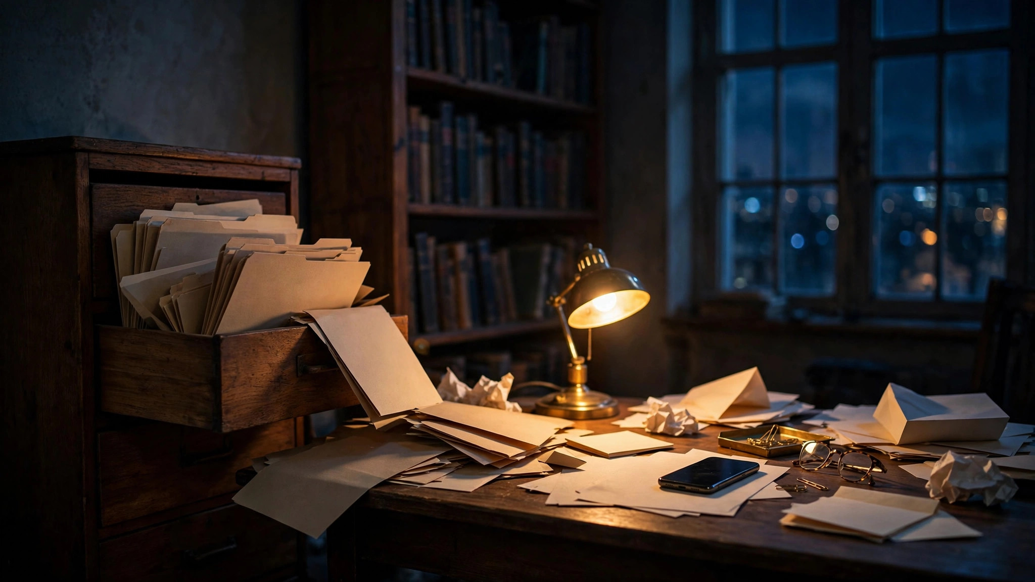 A home archive room at night: wooden filing cabinet with folders spilling out, papers spread across a desk under a warm lamp, bookshelves fading into shadow