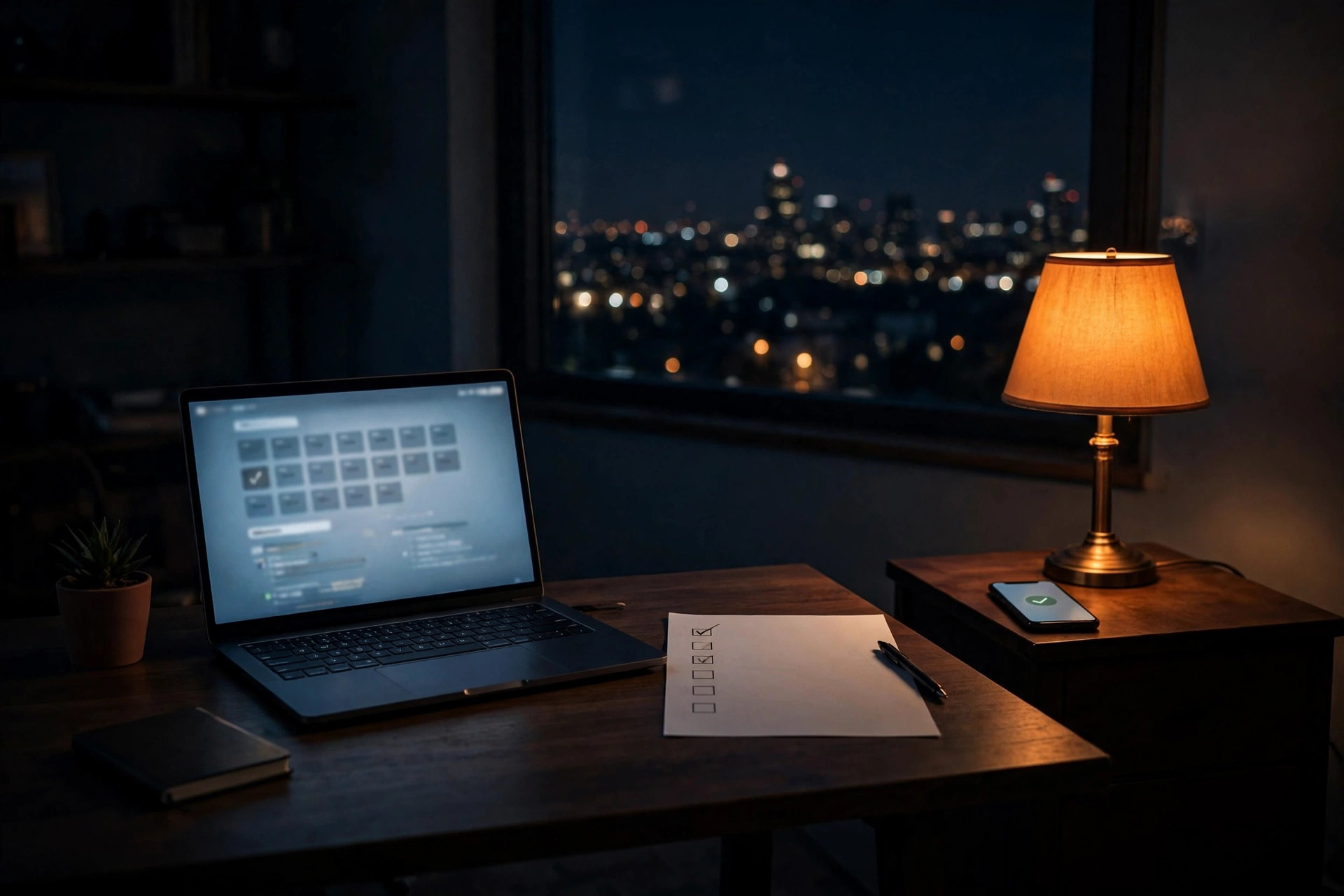 A quiet home office at 3 AM: laptop glowing with a calendar and task list, a phone showing a completed task notification, warm bedside lamp, dark window with city lights