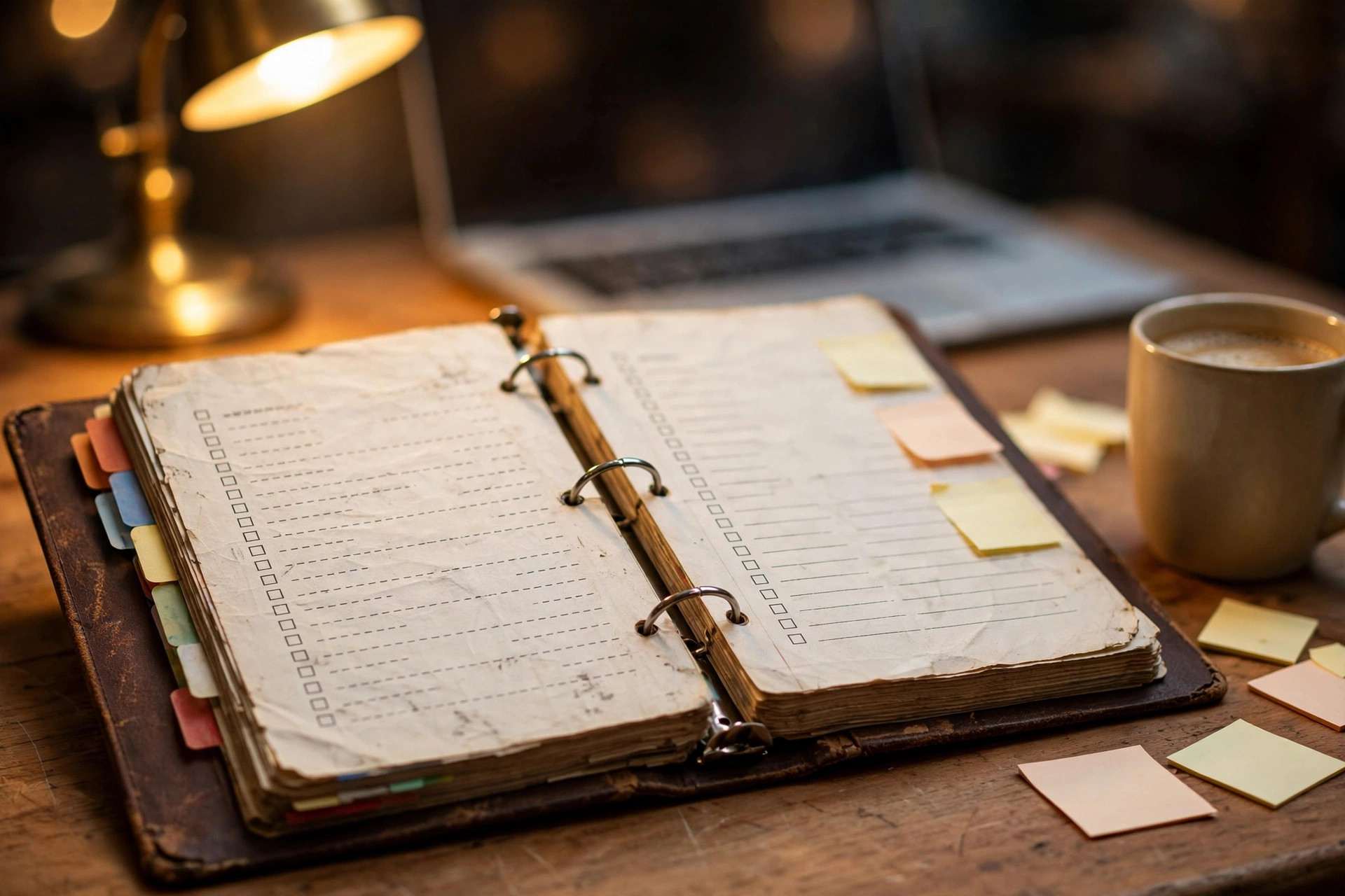 An open, well-worn operations binder filled with tabbed procedure pages on a warm wooden desk, a laptop softly out of focus behind it, coffee mug and sticky notes nearby, warm lamplight