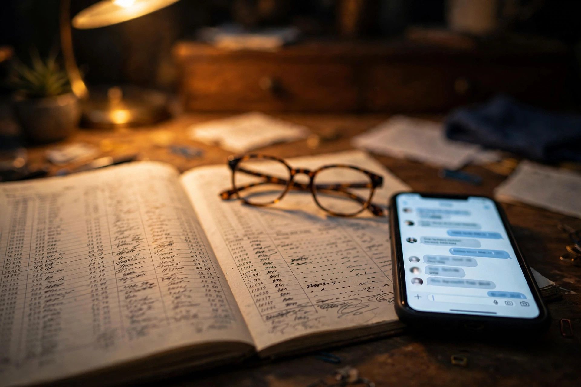 An open accounting ledger and reading glasses beside a glowing smartphone on a lamplit desk at night