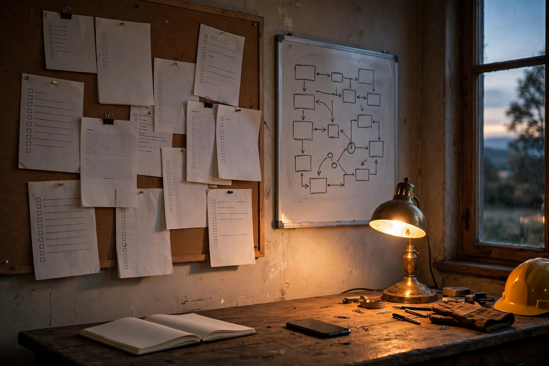 A foreman's operations office at dusk: pinned checklists and standing-order sheets on a corkboard, a whiteboard with workflow boxes, a work desk with a smartphone, an open notebook, and a warm desk lamp