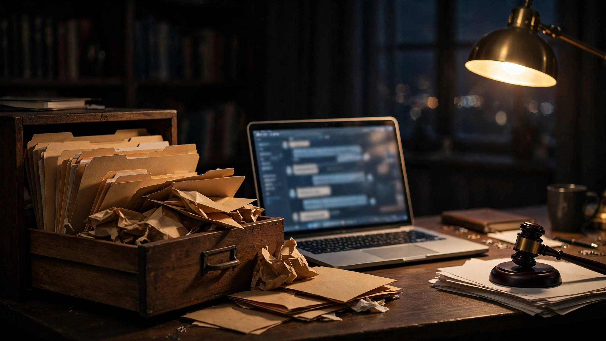A home office desk at night: a laptop showing a long conversation transcript beside an open filing cabinet drawer with folders spilling out, a gavel resting on the desk under warm lamplight