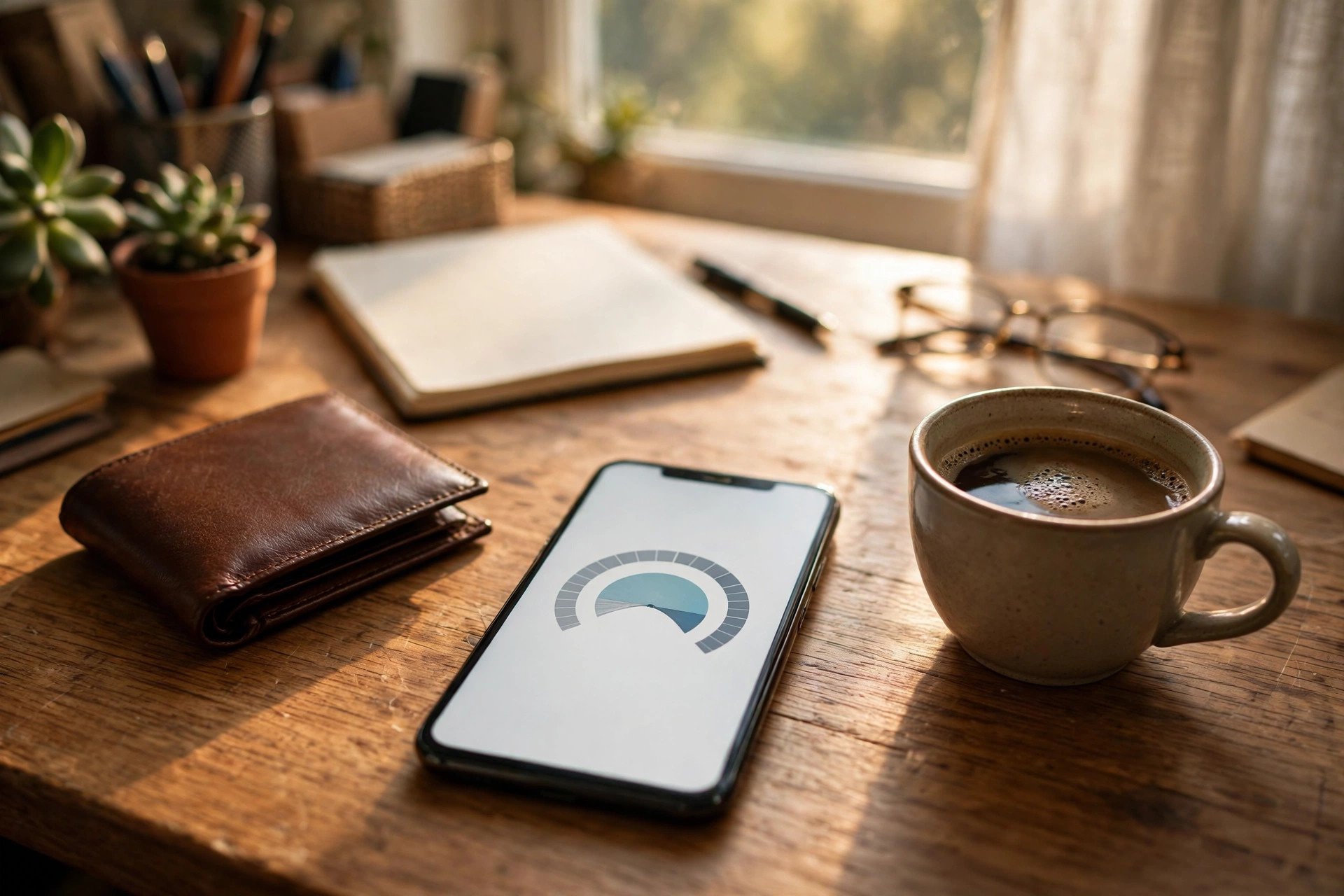 A phone on a desk showing a usage meter at 73 percent beside a wallet and a coffee cup, morning light