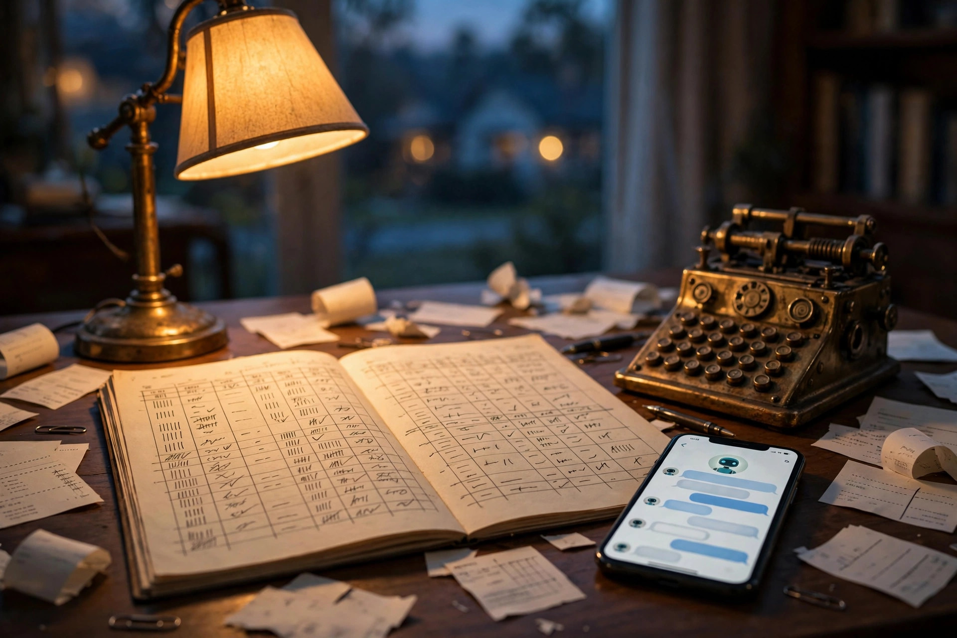 A foreman's desk at dusk: an open paper ledger with hand-drawn expense columns, a vintage brass adding machine, scattered invoices and receipts, and a smartphone showing a chat with an AI assistant, under a warm desk lamp