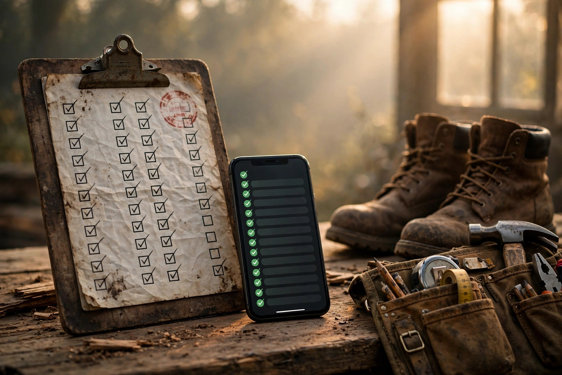 A contractor's clipboard with a stamped inspection checklist beside a phone showing a completed task, work boots and a tool belt on a job-site table at dawn