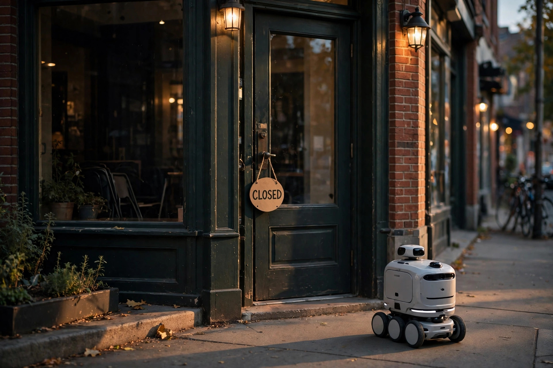 A storefront door with a closed sign hanging on it while a delivery robot waits outside on the sidewalk