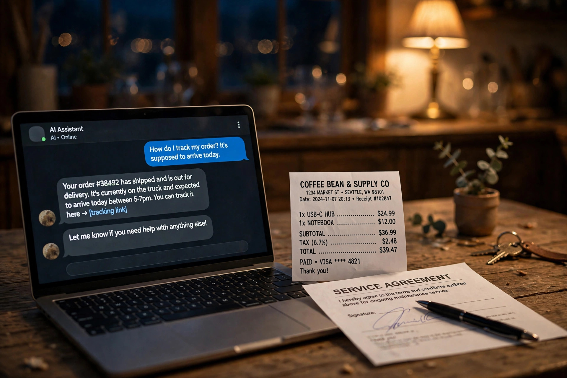 A kitchen table at night: an open laptop showing a chat with an AI assistant beside a printed purchase receipt and a pen resting on a half-signed form, warm lamp light, shallow depth of field