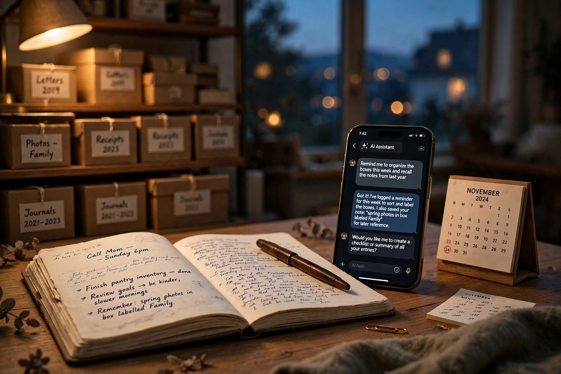 A warm home office at dusk: an open journal with handwritten notes beside a phone showing an AI assistant chat, a desk calendar, and shelves of labeled boxes suggesting a life being carefully remembered