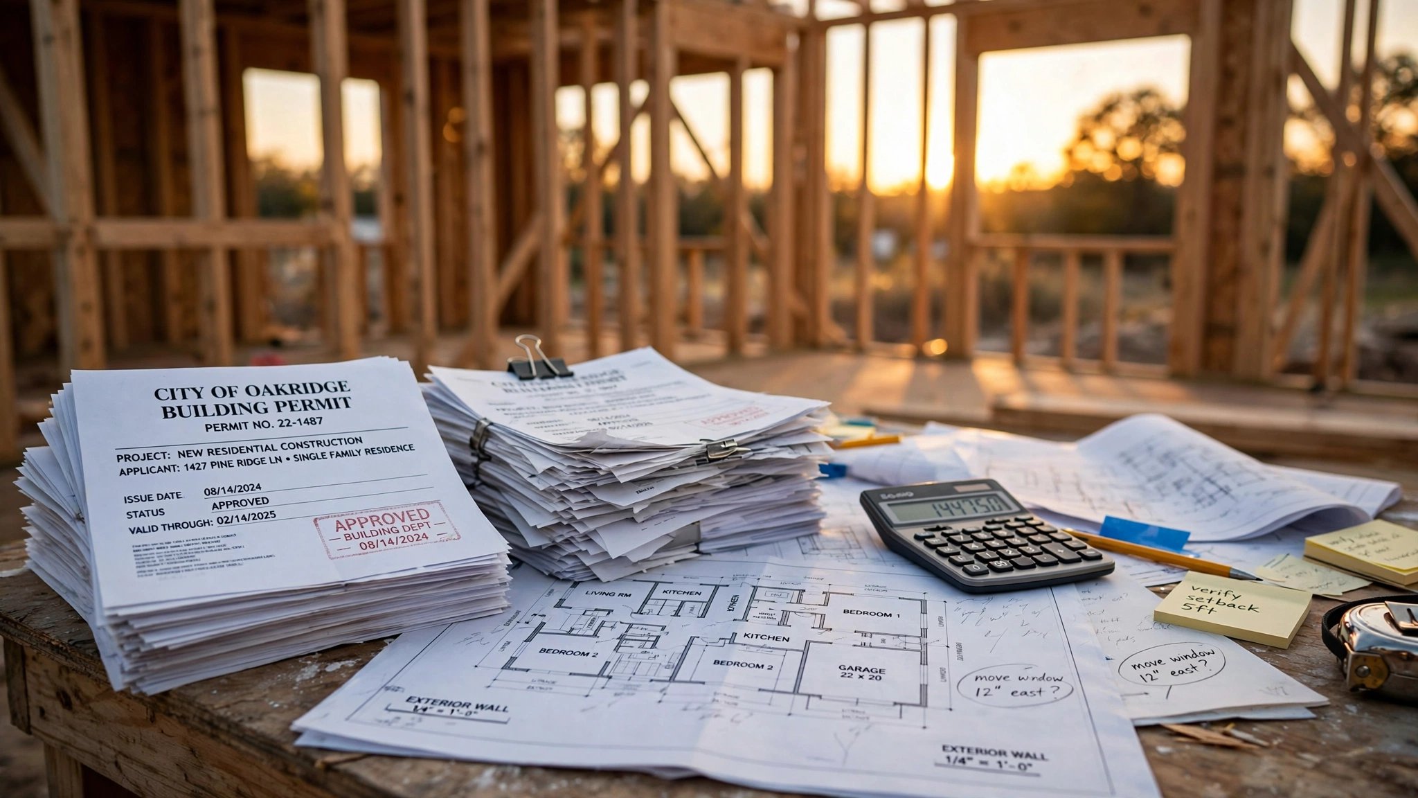 A stack of building permit documents and architectural blueprints on a construction site table, golden hour light, unfinished wood framing in background