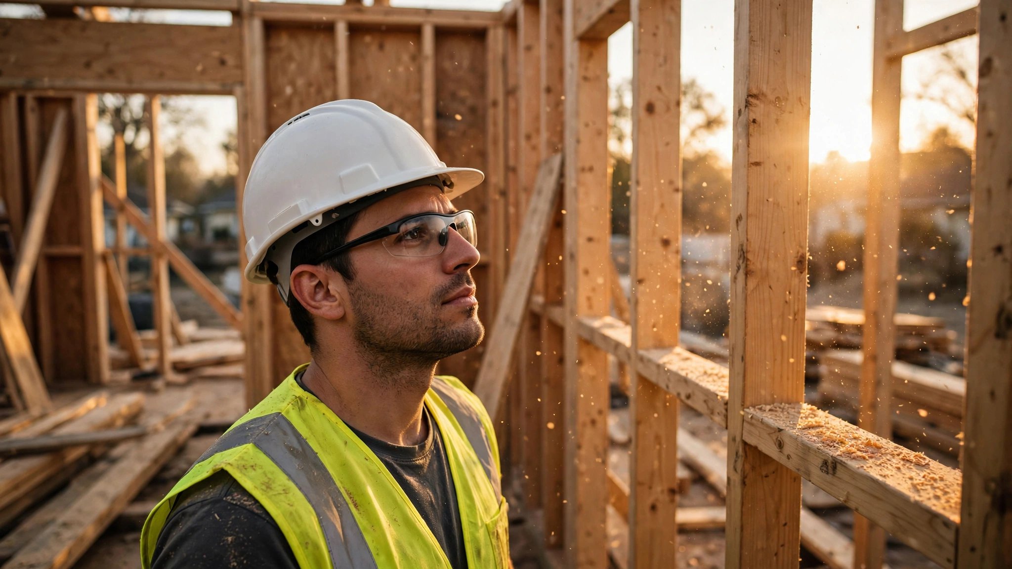 A construction worker wearing smart glasses on a residential framing job site, with lumber and partially built walls in warm afternoon light