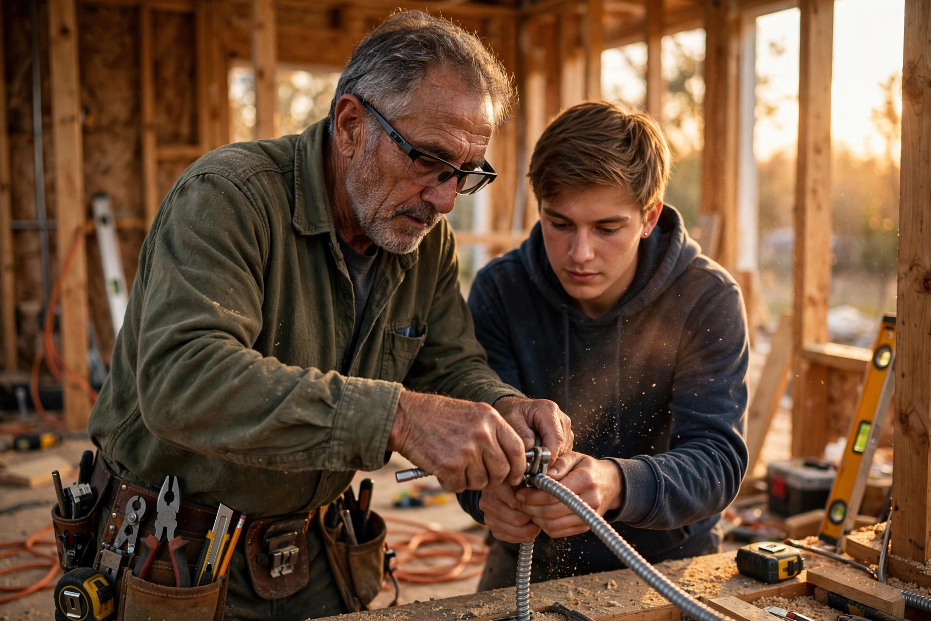 A veteran electrician wearing smart glasses guides a young apprentice bending conduit inside a wood-framed house under construction, warm late-afternoon light