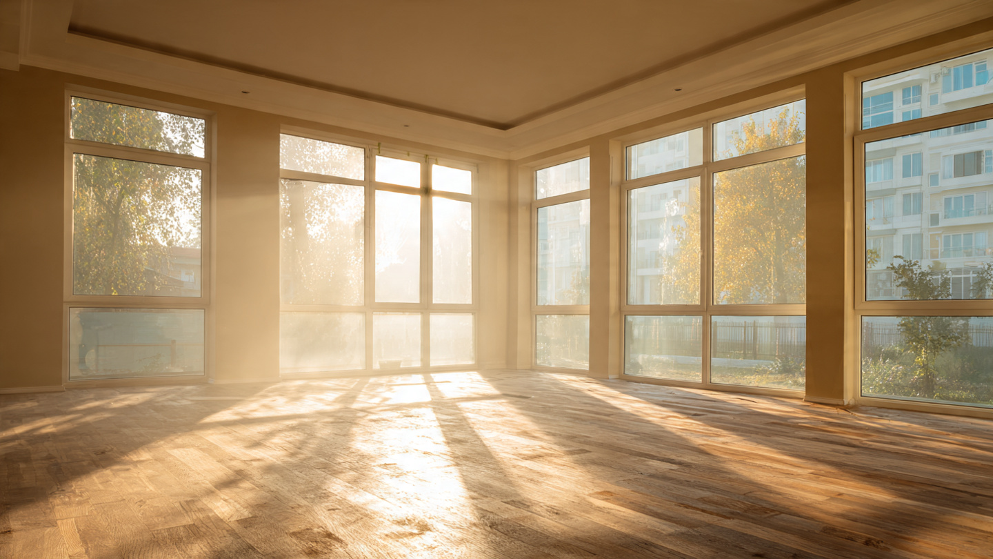 Sunlit new construction living room with sealed windows and fresh paint, hazy air visible in morning light