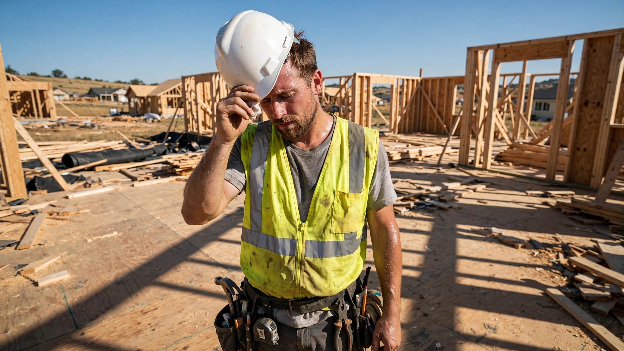 A construction worker in high-visibility vest pausing on a sun-baked residential framing site, wiping sweat from his forehead with a hard hat in hand, thermostat reading visible in the blazing midday light