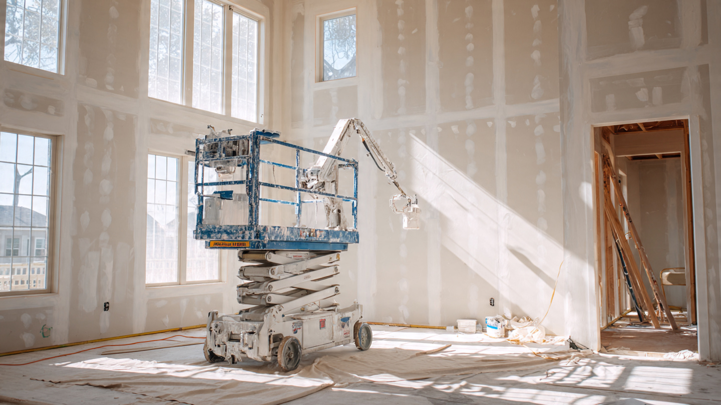 A robotic painting arm on a mobile platform spraying white paint on interior walls of a new construction home, with masked windows and drop cloths visible