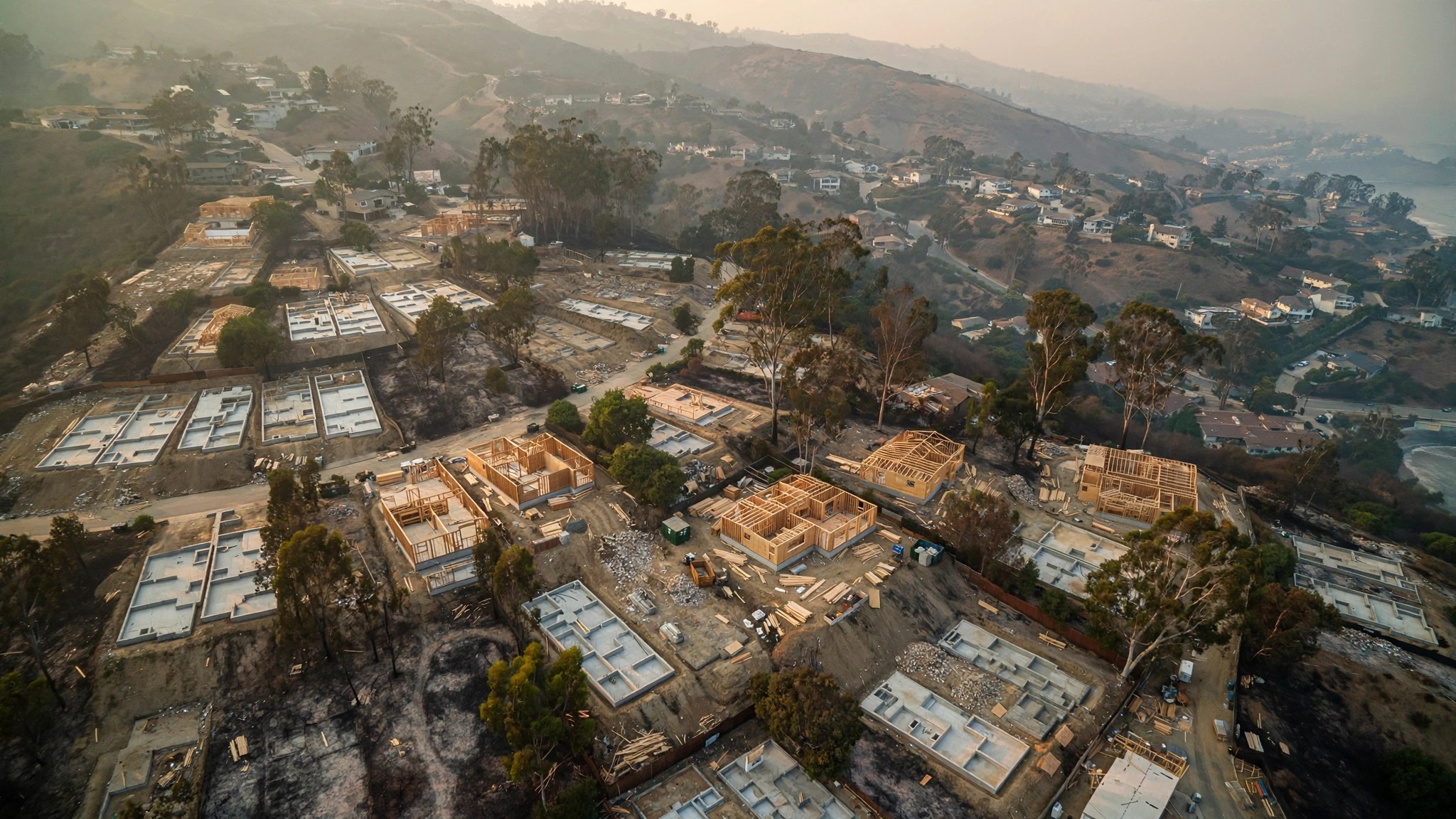 Aerial view of Pacific Palisades showing scattered construction activity among cleared lots and surviving trees, eighteen months after the January 2025 wildfire