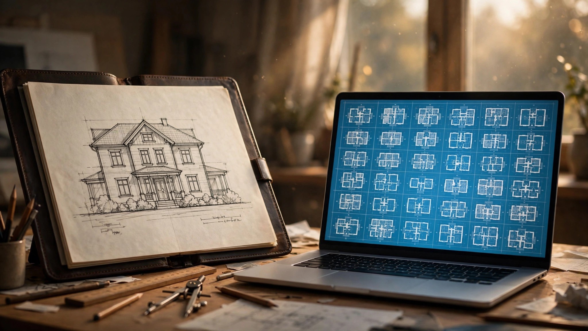 An architect's desk with a slim portfolio of house plans beside a laptop screen showing hundreds of AI-generated floor plan variations, warm afternoon light