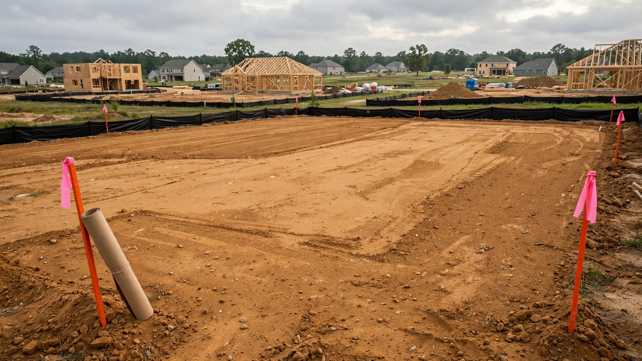 Empty residential building lot with permit stakes and survey flags in the ground, graded dirt pad ready for foundation work, neighboring homes under construction in background, overcast sky, realistic suburban development scene