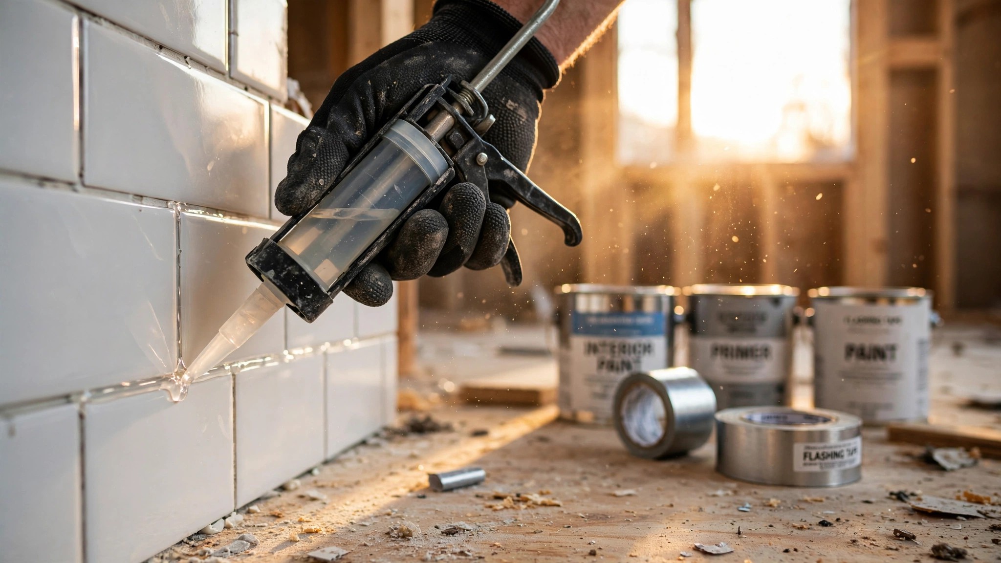 Close-up of a construction worker applying waterproof sealant to bathroom tile grout in a new home, with rolls of flashing tape and paint cans visible on the floor behind