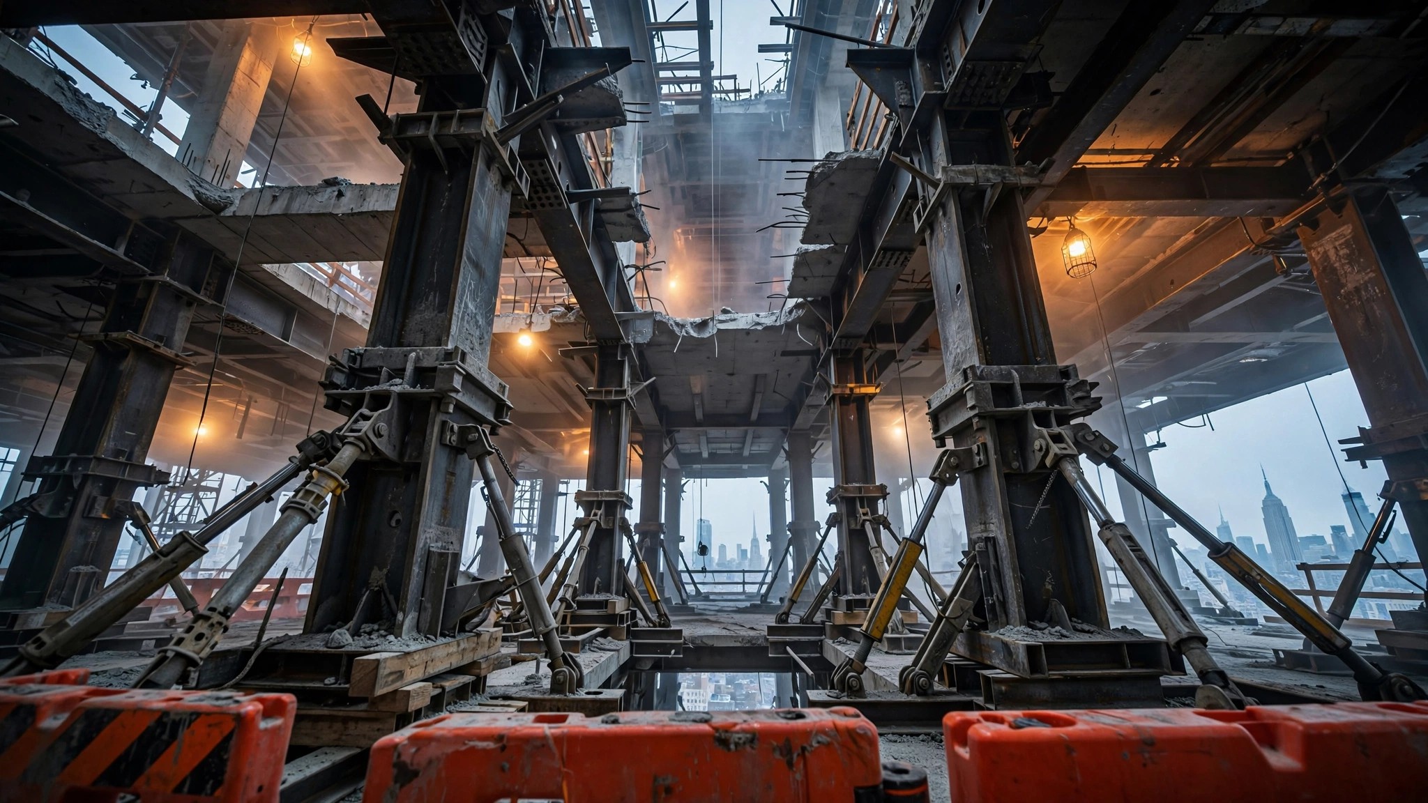 Steel columns under load in a high-rise building conversion, structural monitoring concept