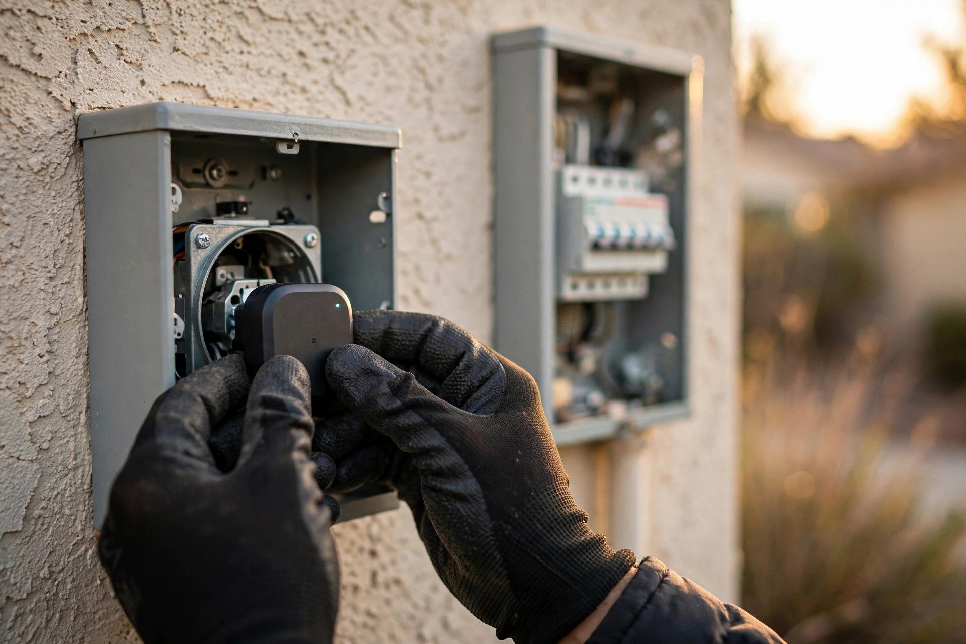 An electrician installing a compact smart device at a residential electric meter on a stucco home exterior, warm late-afternoon light