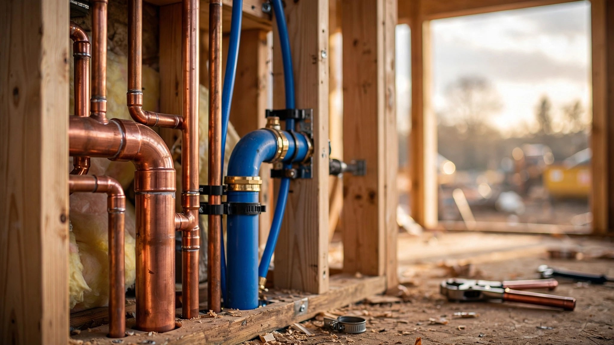 Exposed residential plumbing pipes of various diameters in a wall cavity during new construction