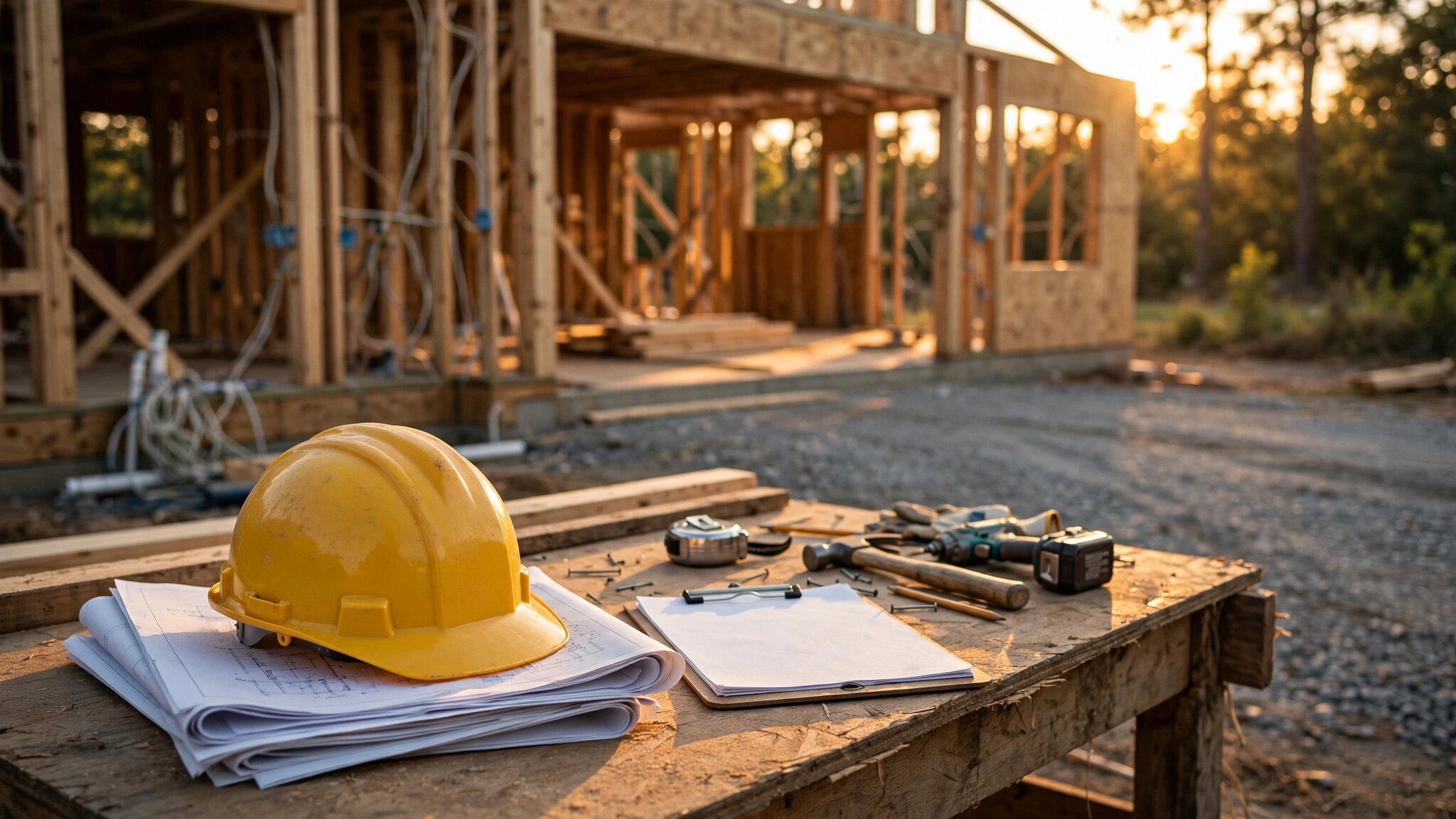 An abandoned hard hat on blueprints at a half-built custom home, the superintendent's truck gone from the driveway