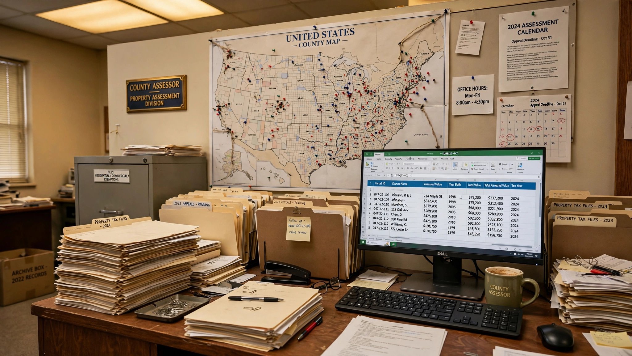 County assessor office with a stack of property files and a desktop computer showing a spreadsheet of assessed home values