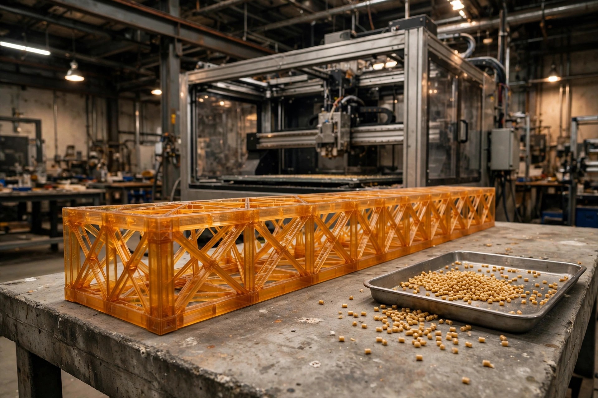 A translucent amber-colored 3D-printed floor truss resting on a concrete test platform in a large industrial lab, recycled plastic pellets scattered nearby