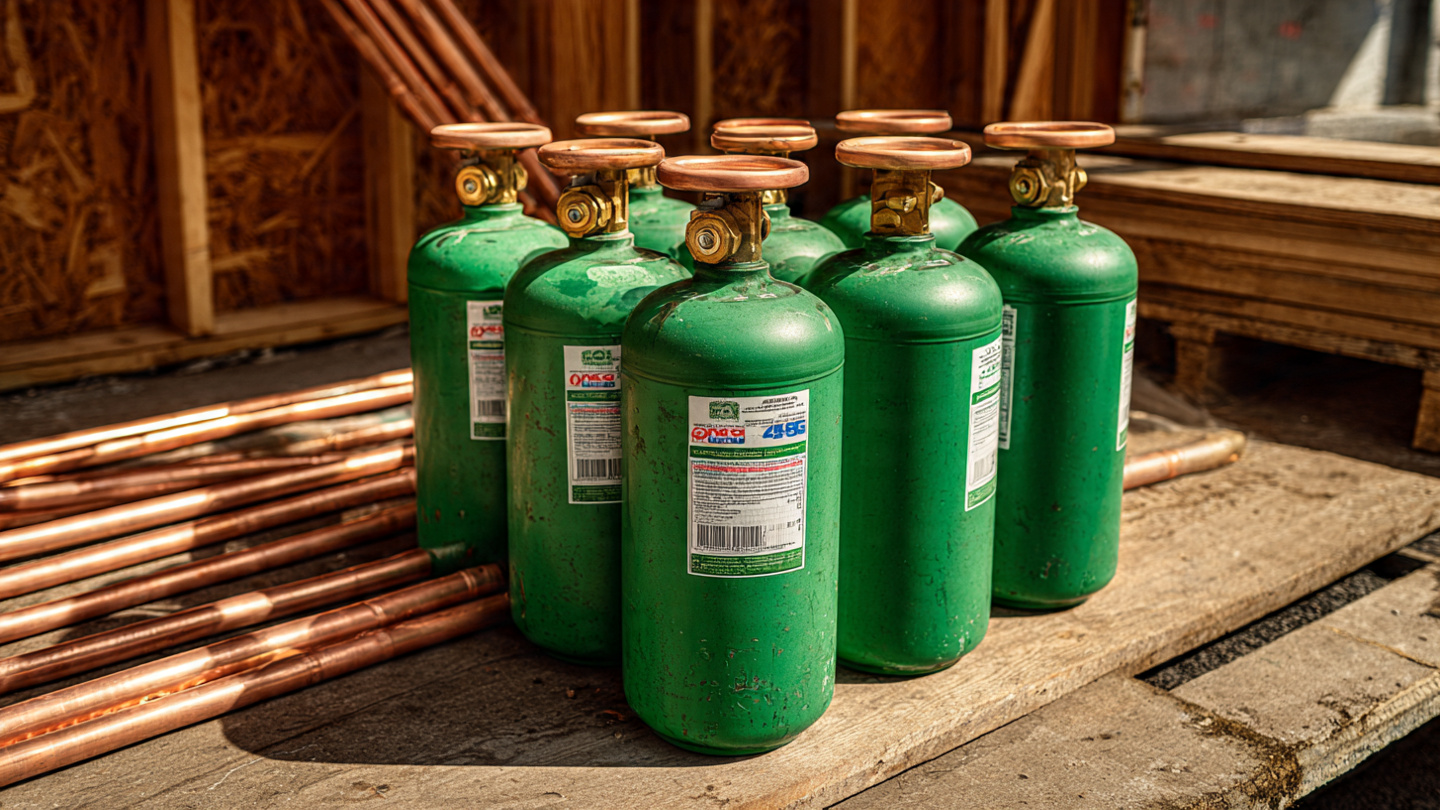 Rows of refrigerant cylinders in an HVAC supply warehouse with a contractor checking inventory on a tablet