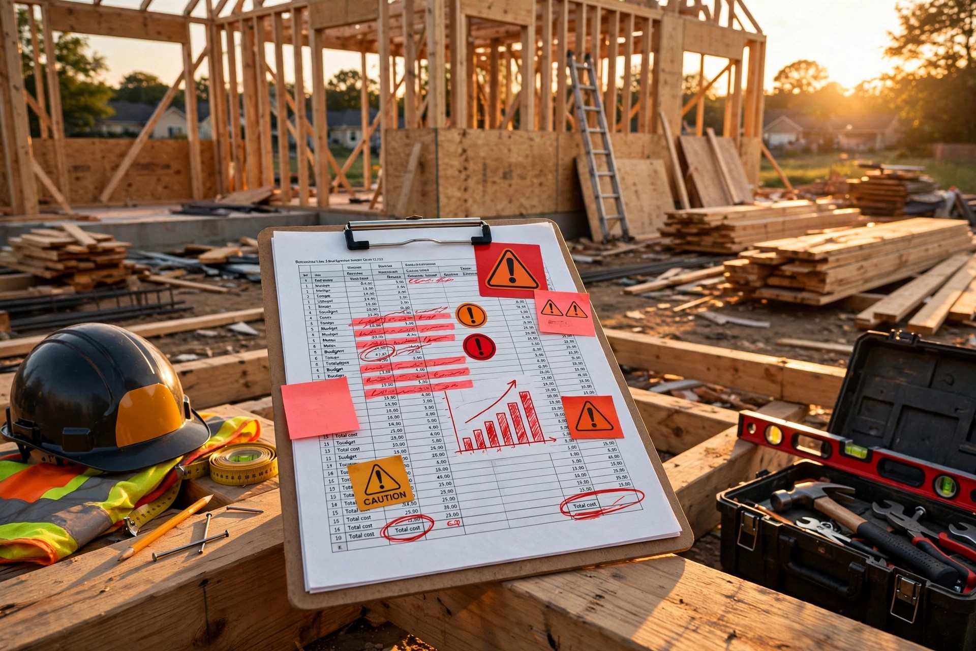 Construction site with budget spreadsheet overlay and cost overrun warning indicators