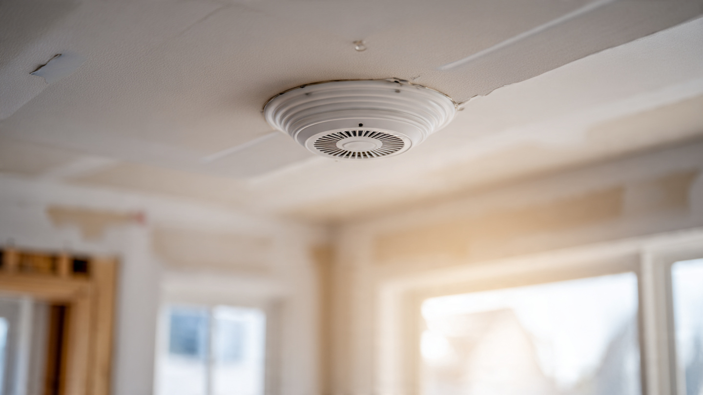 Residential fire sprinkler head mounted on ceiling of a new home under construction