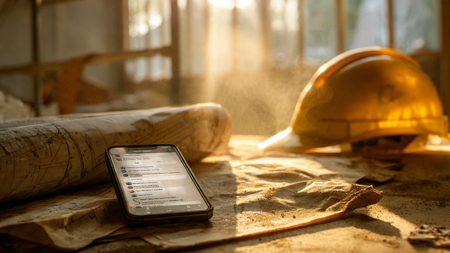 A construction site office table with a smartphone showing a text message thread next to a stack of printed blueprints with red markup, natural afternoon light coming through a window, sawdust on the table edge
