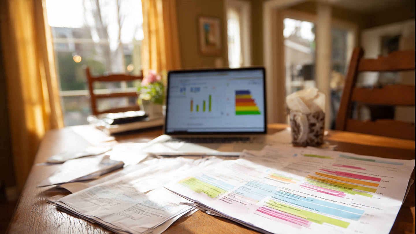 A kitchen table covered with utility bills and energy audit reports, laptop showing optimistic energy model dashboard