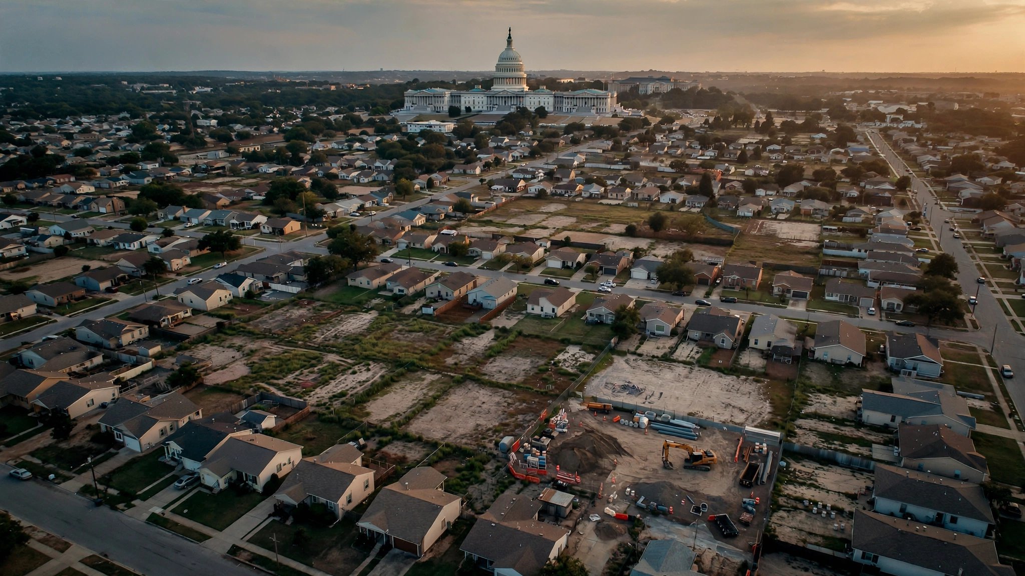 The U.S. Capitol dome at dusk viewed from across an expanse of suburban single-family houses stretching to the horizon, warm golden light casting long shadows across rooftops and empty lots
