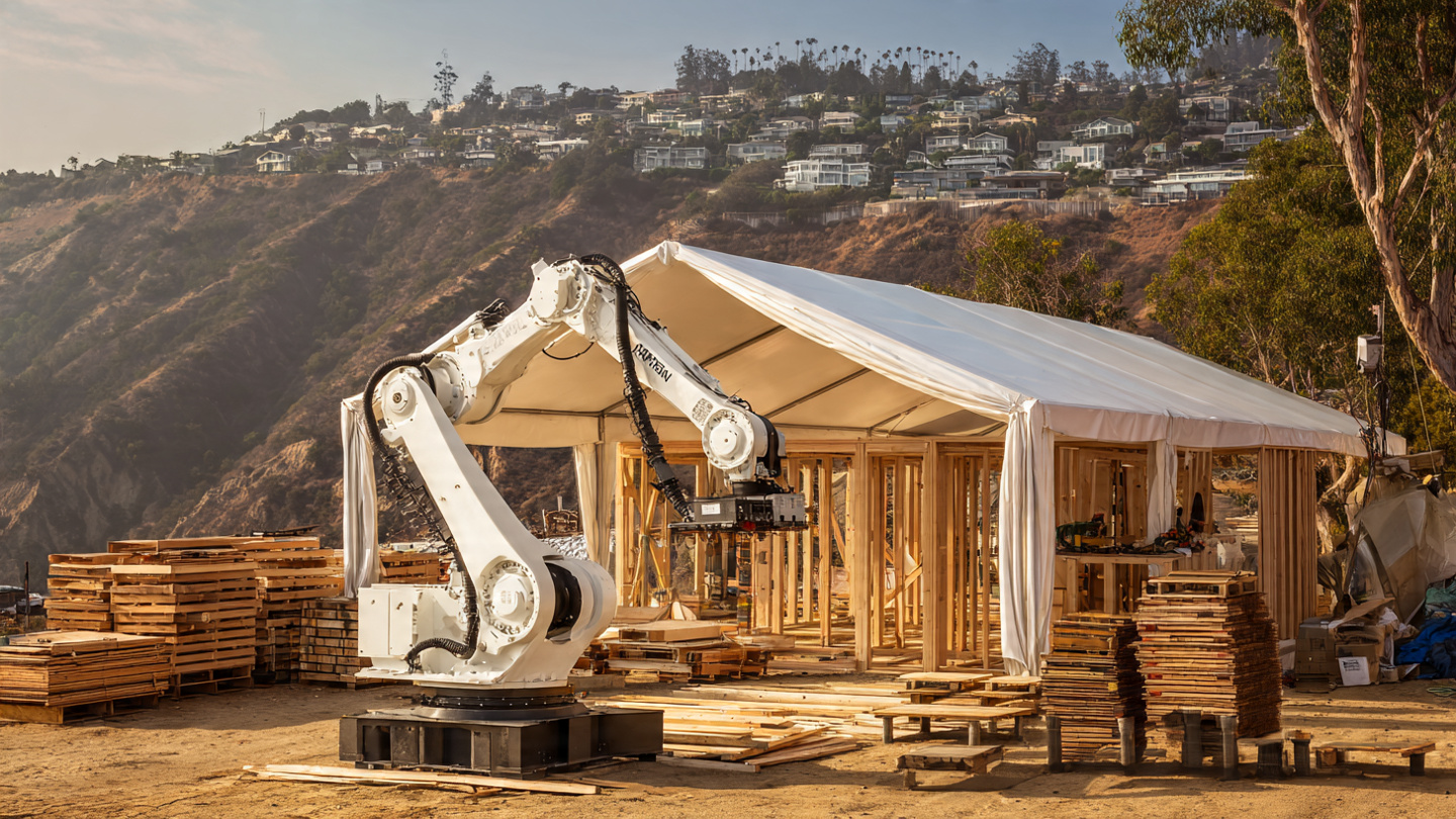 A robotic arm under a white tent on a cleared lot assembling wooden framing panels in Pacific Palisades