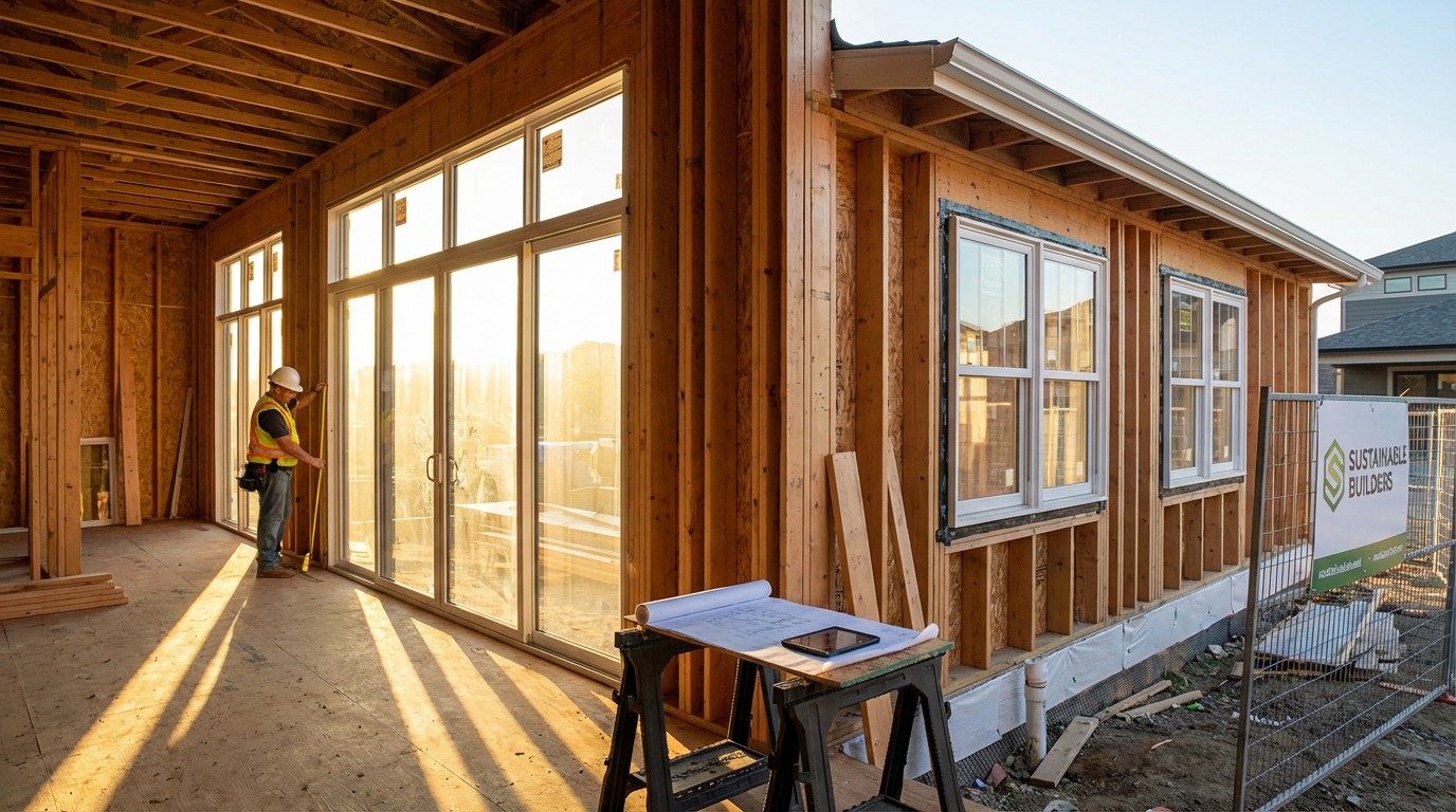 Side-by-side view of a home under construction showing south-facing windows receiving bright sunlight while north-facing windows sit in shadow, warm afternoon light casting long shadows across framing lumber