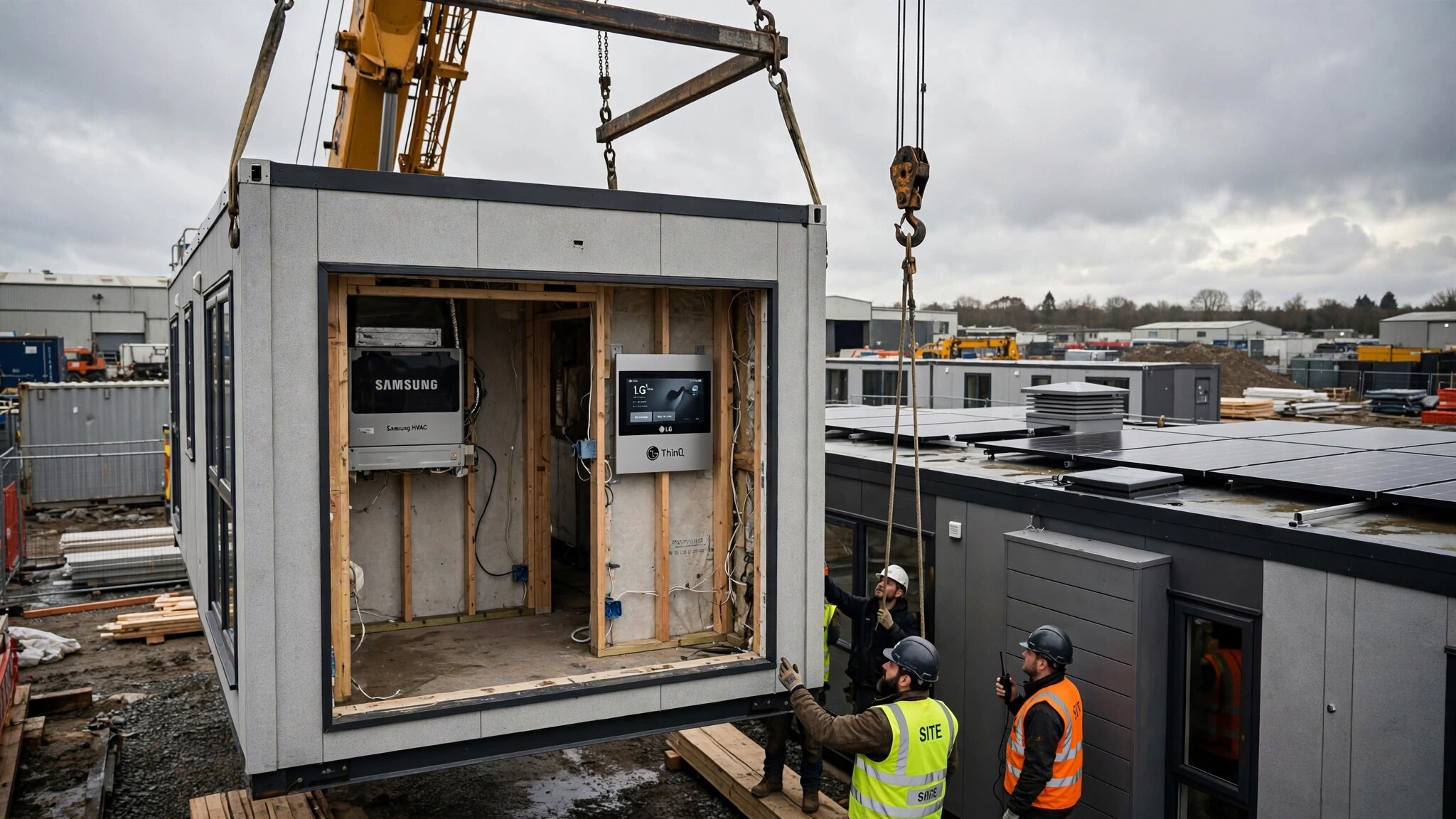 A modular home section being craned into place at a factory-built housing site, Samsung and LG appliances visible through an unfinished wall