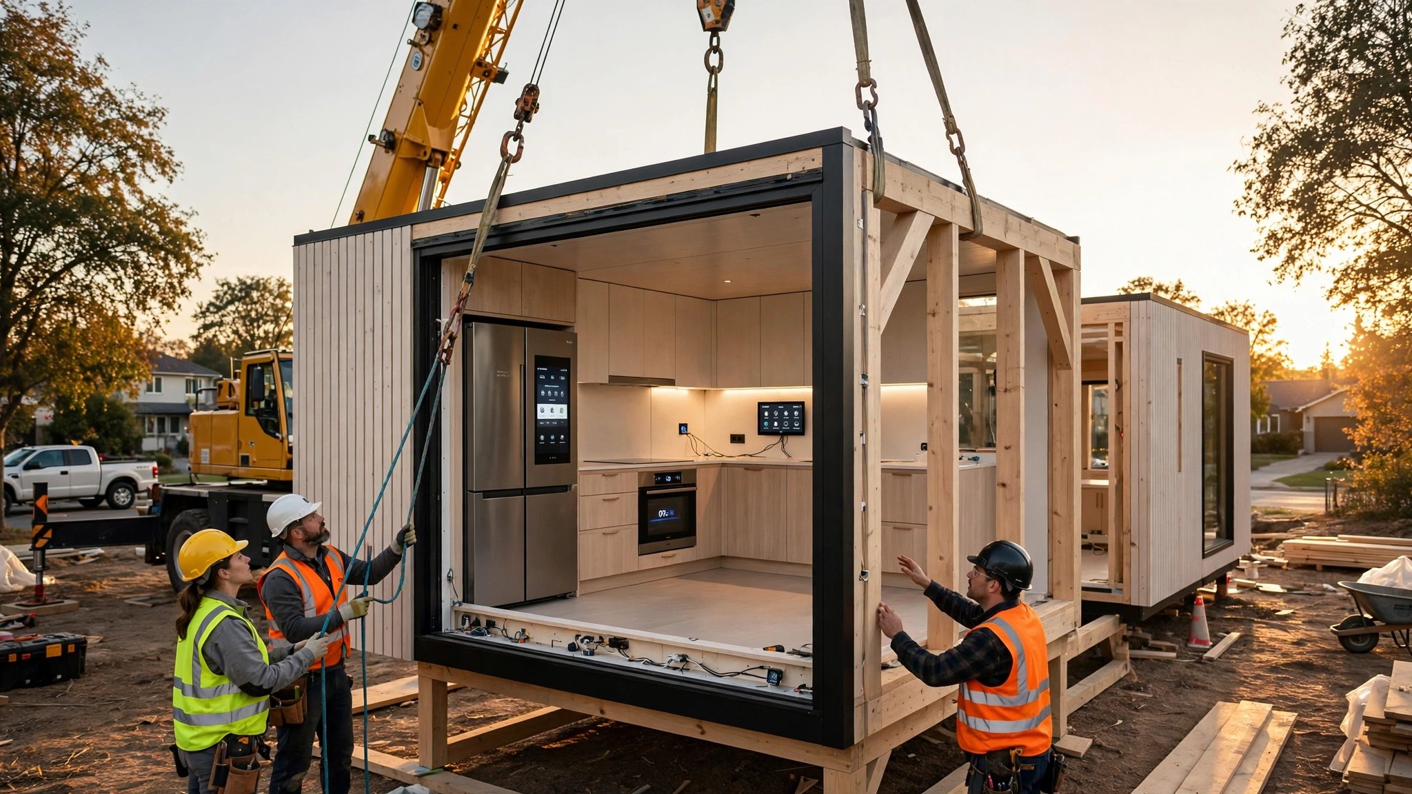 A sleek modular home being assembled by crane, with visible factory-finished interior panels showing pre-installed appliances, warm afternoon light, construction workers guiding module into place