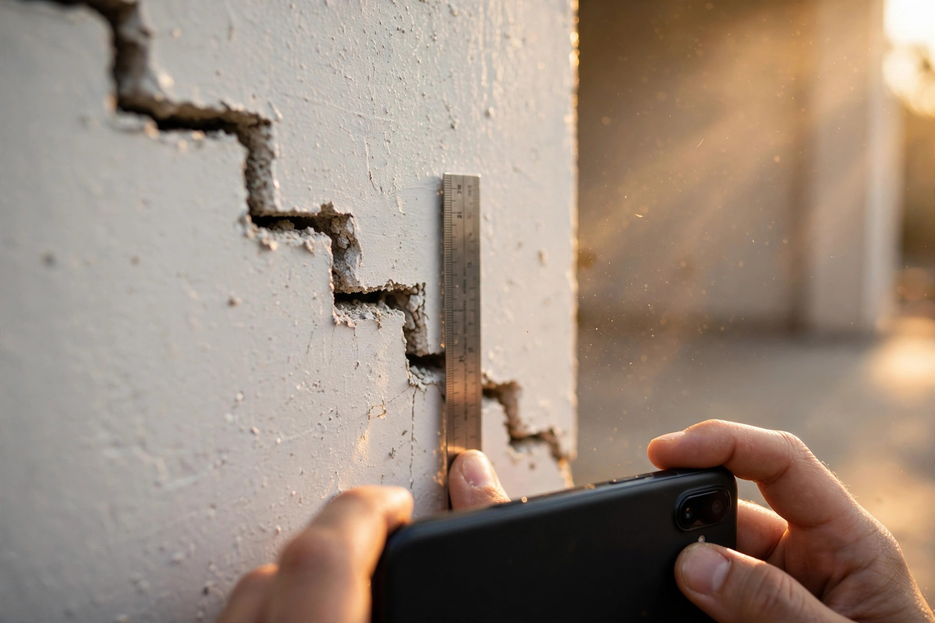 Close-up of a stair-step crack in a newly built home's garage wall, with a smartphone photographing it beside a ruler for scale