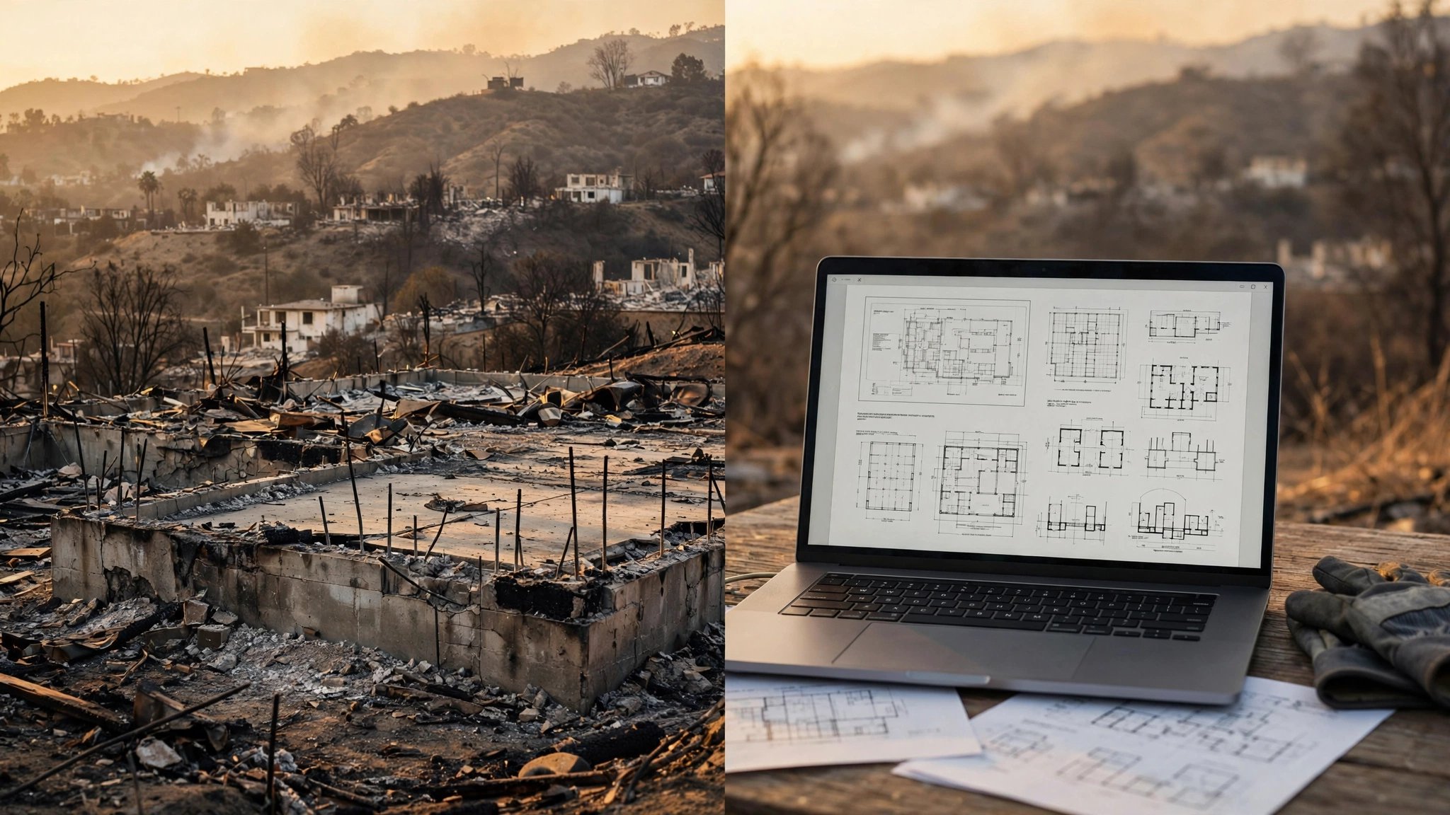 Charred residential lots in Los Angeles with permit documents and a laptop showing AI code review