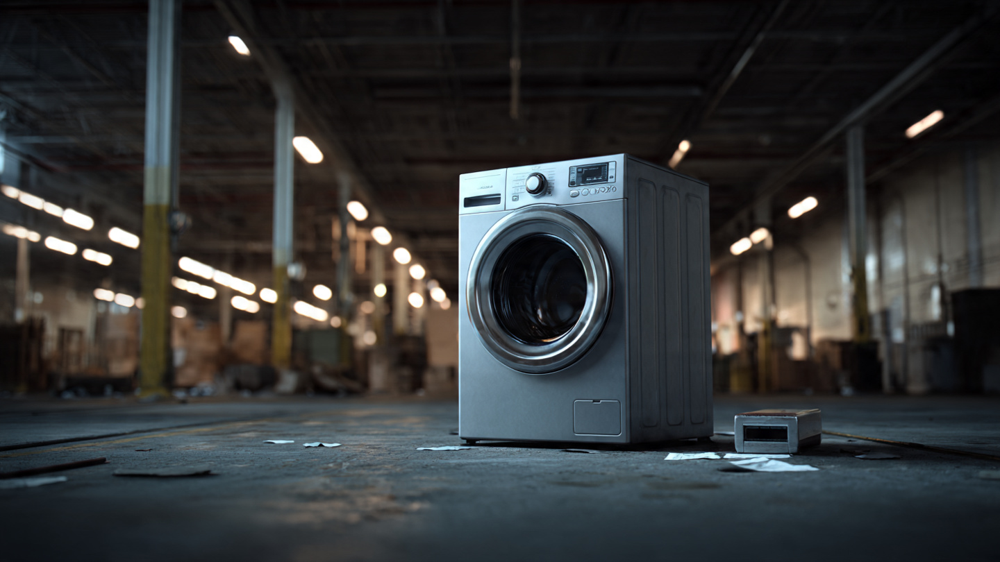 A stainless steel washing machine sitting on a customs inspection table in a warehouse, with a small metal bracket on a digital scale beside it, fluorescent lighting, tariff paperwork scattered around