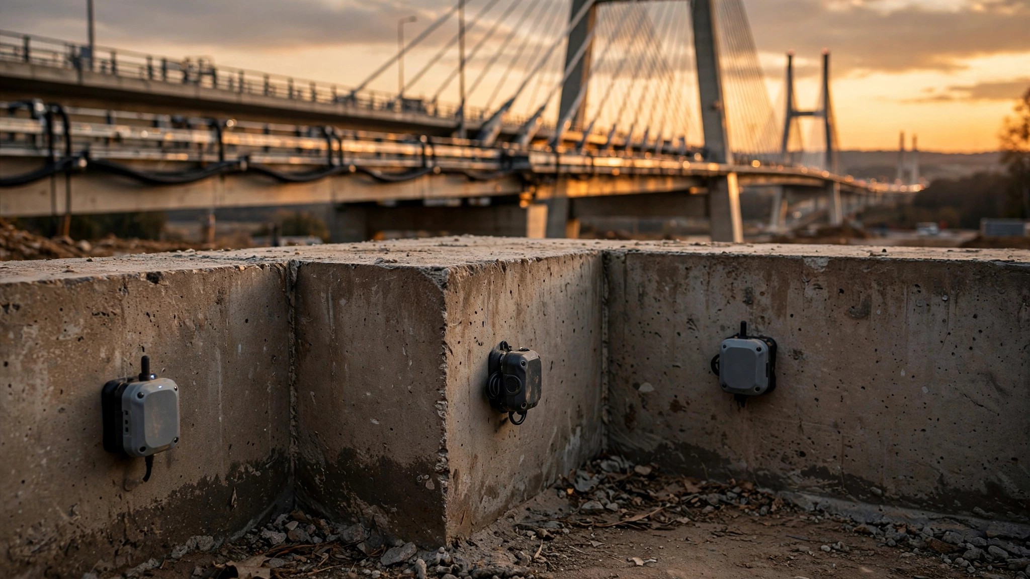 A residential foundation with tiny sensor modules mounted at the corners, cables running into a small WiFi-connected box, contrasted against a massive instrumented highway bridge in the background