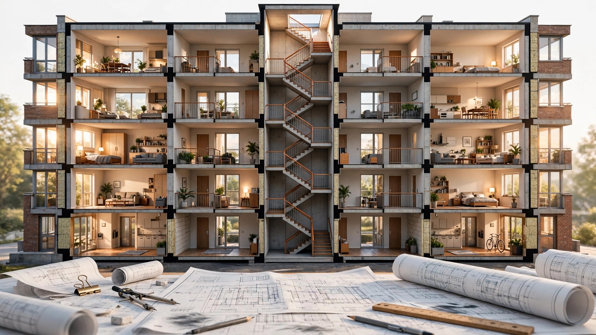 Architectural cross-section of a mid-rise apartment building showing a single central staircase with dual-aspect units on either side, natural light streaming through windows on both facades