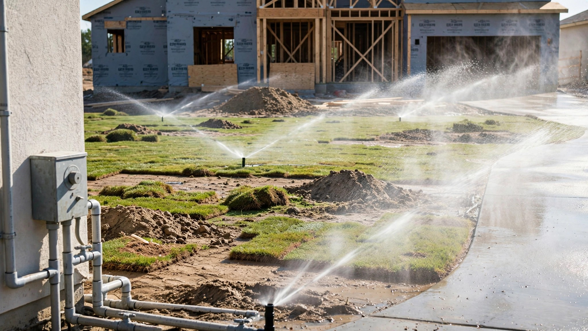 Residential sprinkler system running at midday on a new construction lawn, water visibly misting off the sidewalk and driveway in bright sunlight