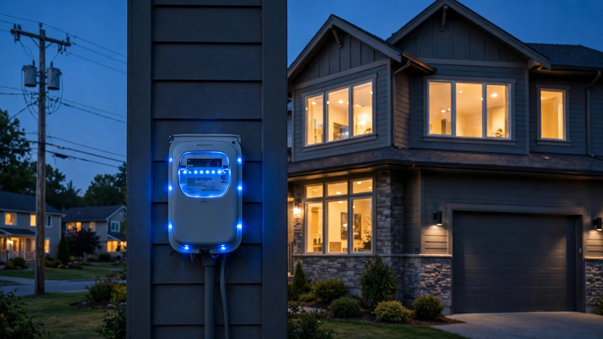 Smart electric meter on a residential home with data visualization overlay