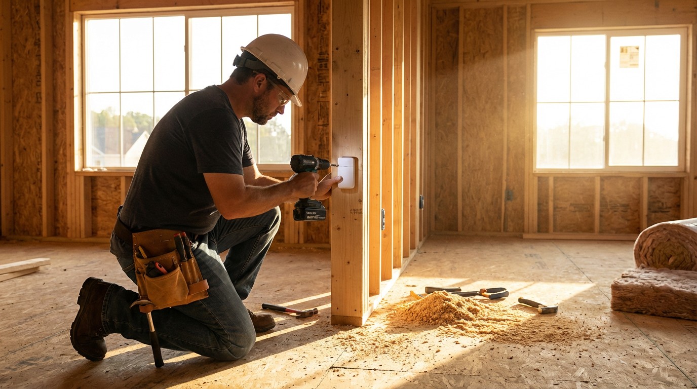 A construction worker stapling a small wireless moisture sensor to a wall stud during framing, open wall cavity visible with pink insulation rolls stacked nearby