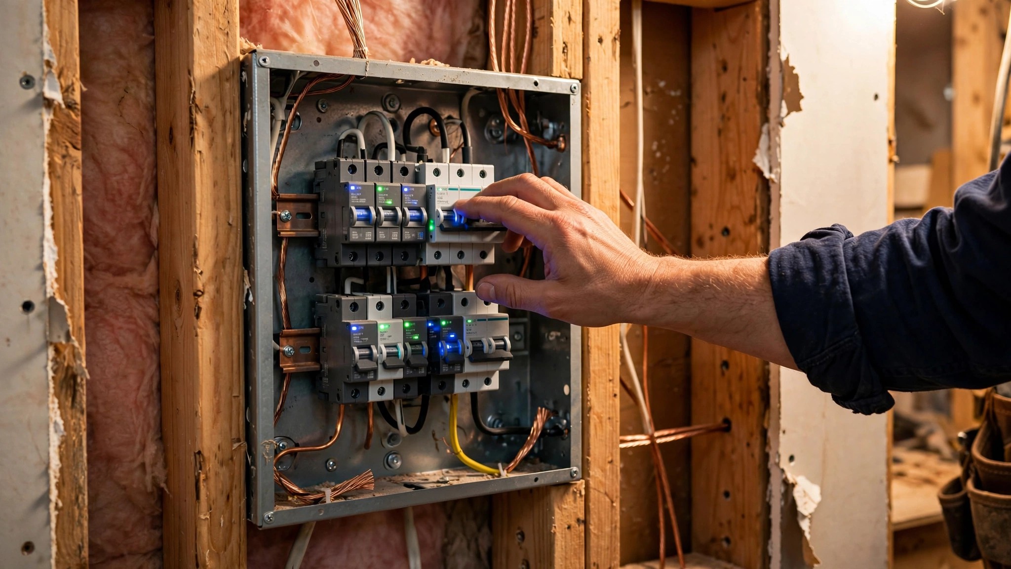 Residential electrical panel open in a new construction home, with an electrician's hand reaching toward smart breakers glowing with indicator LEDs, copper wiring visible in the wall cavity behind